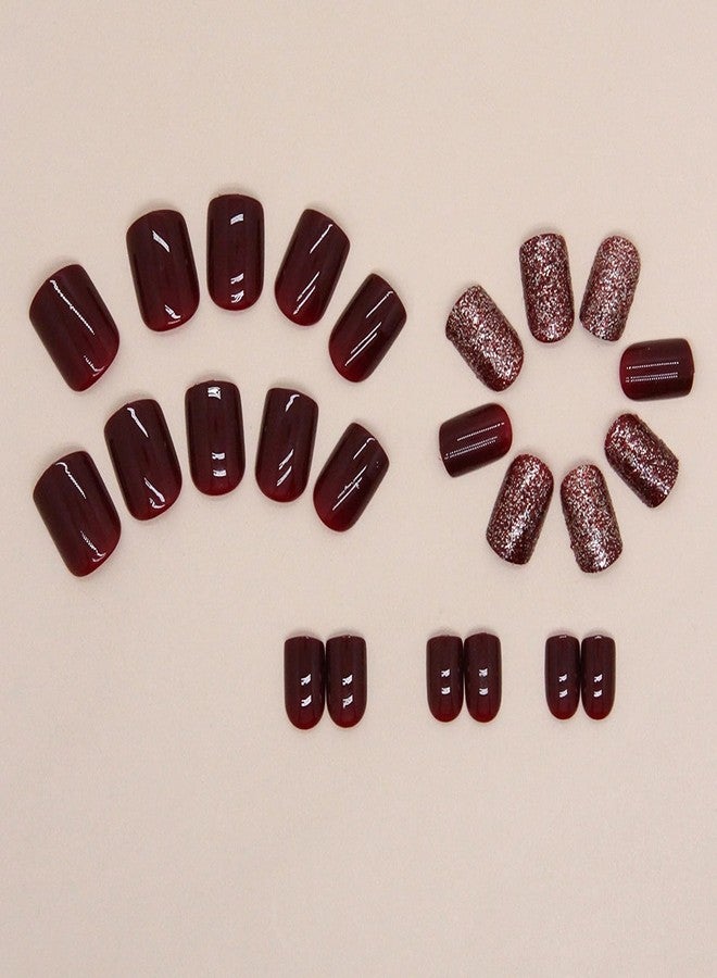 MISUD Press on Nails - Short Square Fake Nails with Burgundy, Acrylic Bling Glitter Design 24 pcs - Image 4